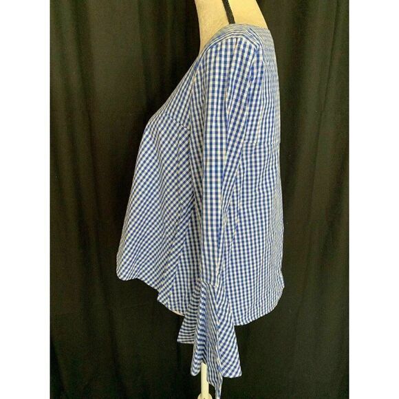 Zara Womens Blue White Checked Long Sleeve Baby Doll V Neck Top Medium - Picture 3 of 5